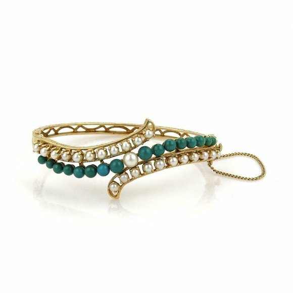 Vintage 14k Gold Natural Pearls Turquoise Bangle - Picture 1 of 3